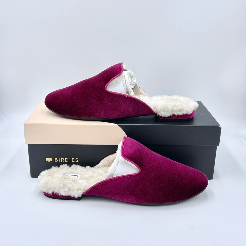NEW Birdies The Phoebe Wild Berry Velvet Faux Fur Slipper Women’s size 8.5